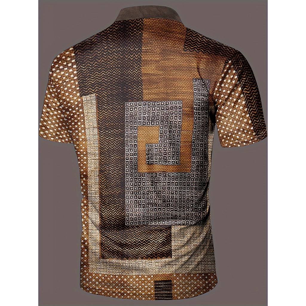 Masculino 3D Digital Print Irregular Xadrez Listra Padrão Cordão Manga Curta POLO Camisa