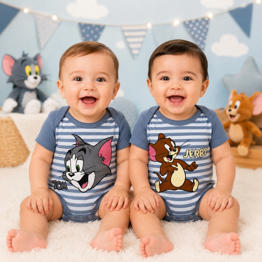 Body Bebê Tom e Jerry Listrado Azul Menino Manga Curta Mesversário Temático Promoção