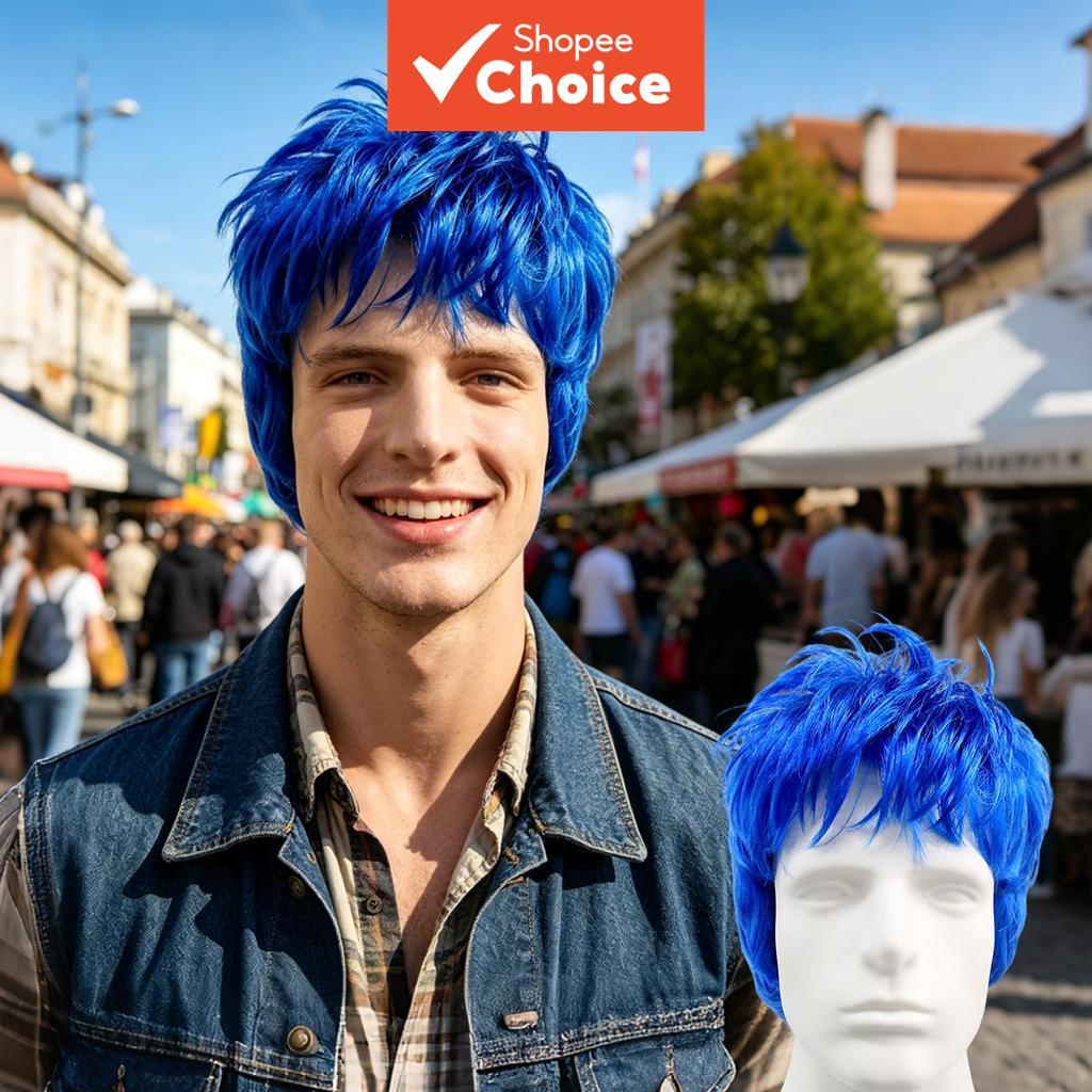 Peruca sintética curta azul brilhante com pontas espinhosas, estilo anime, ideal para homens em fantasias de Halloween e