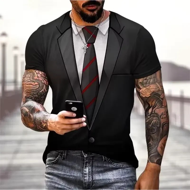2026 Masculino Engraçado Falso Terno 3D Impresso T Camisa De Manga Curta Tailcoat Gravata Camiseta Casual Streetwear Ver