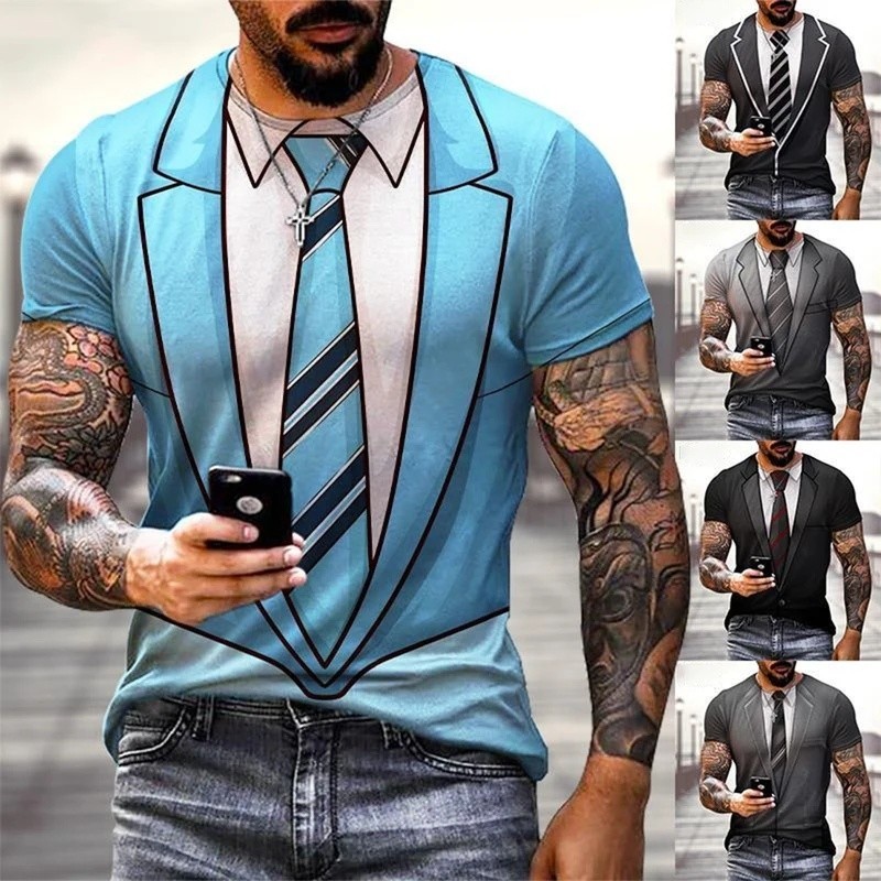 Moda Verão Engraçado Terno Falso 3D Impresso Camiseta tailcoat Gravata Masculina Rua Manga Curta