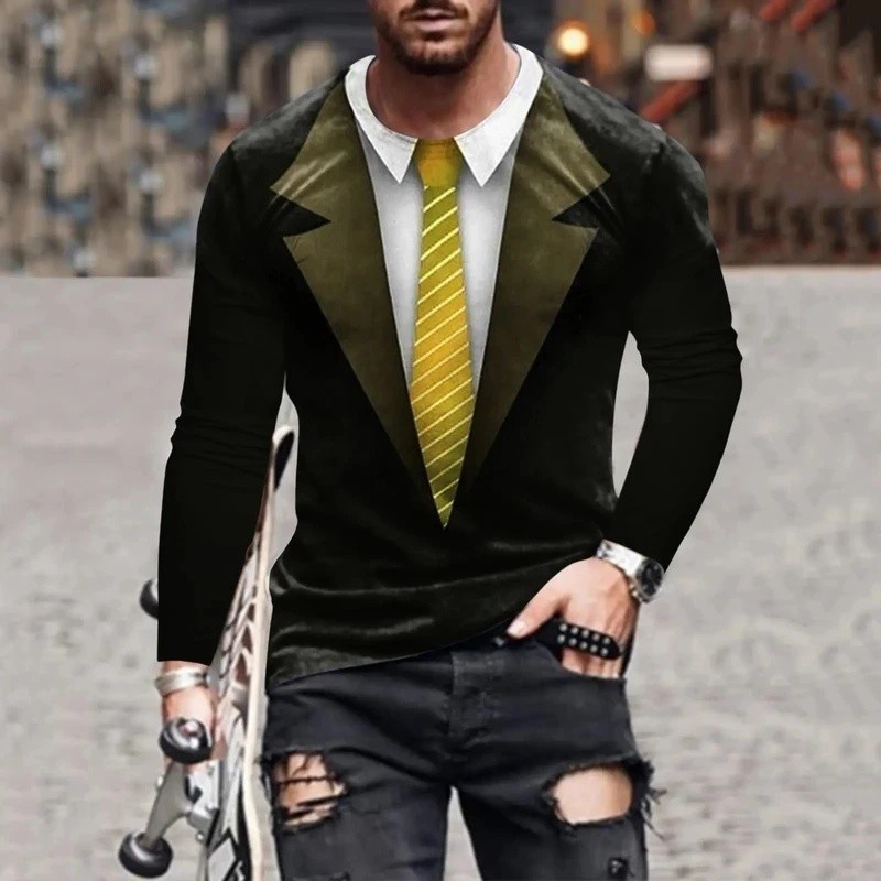 Primavera E Outono Férias Terno Arco Impresso Masculino Manga Comprida Camiseta Tailcoat Gravata Em Torno Do Pescoço Plu