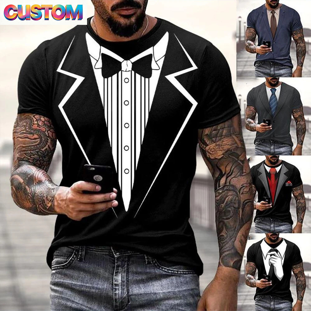 Moda Verão Diversão Falso Terno 3D Tailcoat Arco Engraçado Personalidade Casual Camiseta