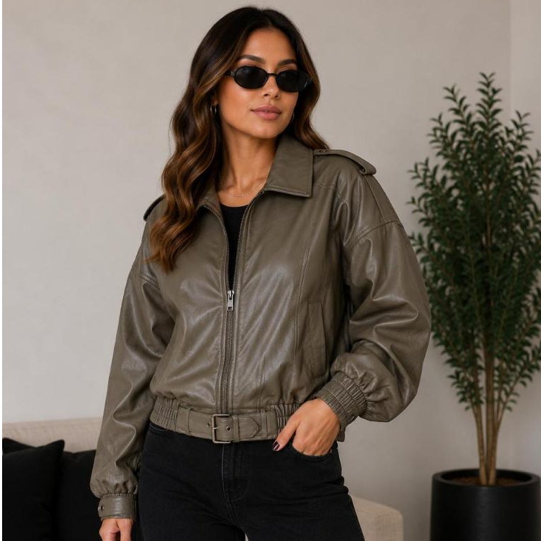 Jaqueta Feminina de Couro Vintage para o Dia dos Namorados Roupas de Outono Premium Pu Soft