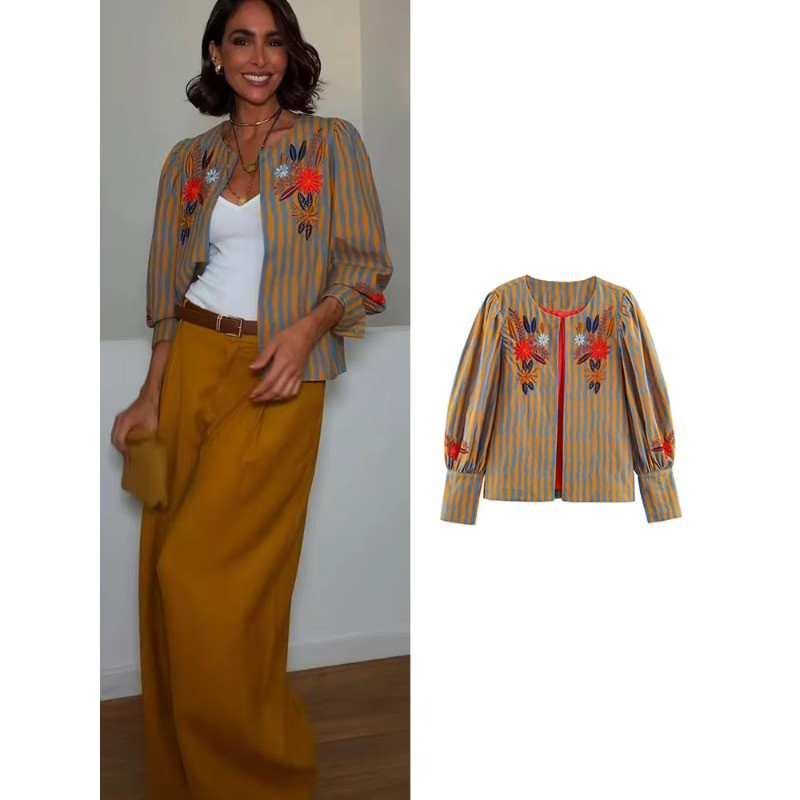 Jaqueta Bordada Floral Com Gola Redonda Estilo Vintage Casaco Listrado De Manga Comprida 202608A