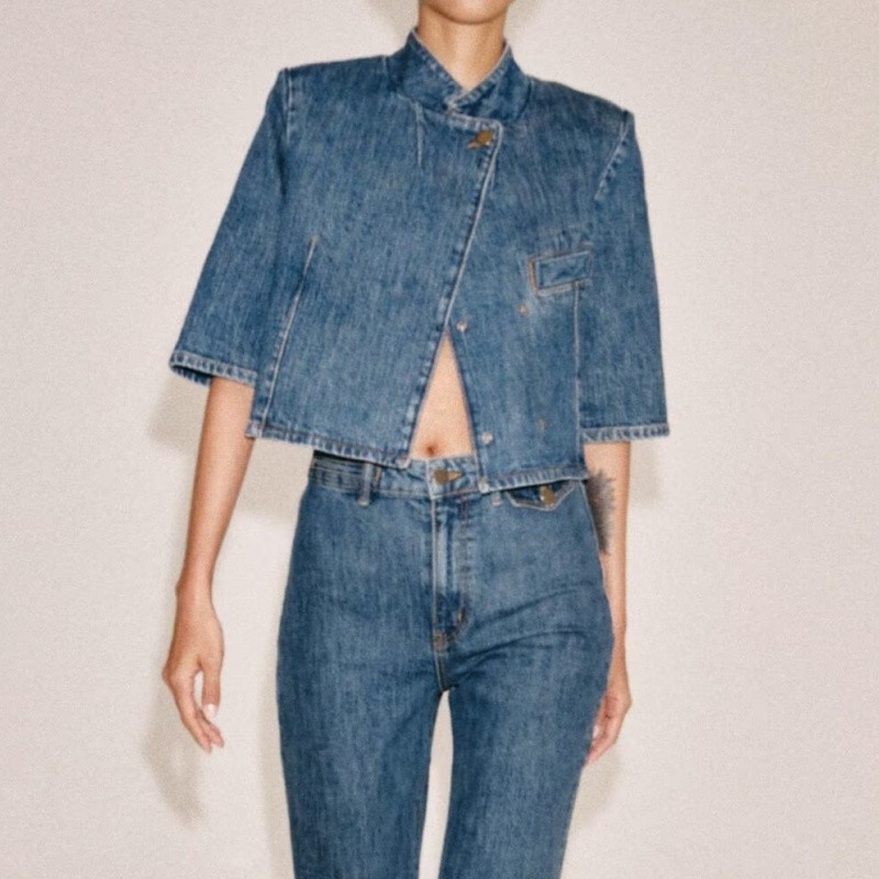 Jaqueta Jeans Casual Estilo Vintage De Manga Curta Com Gola Alta 20260924-2
