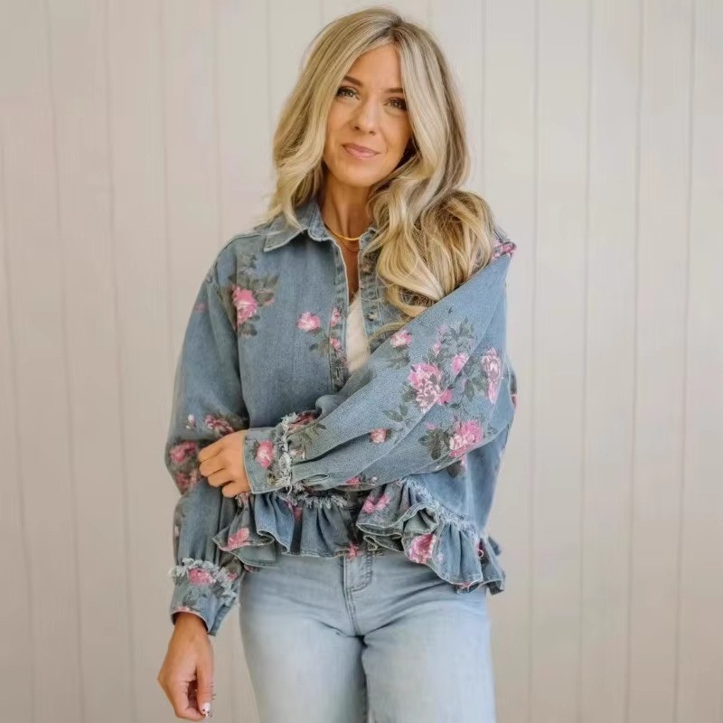 Jaqueta Jeans Vintage Com Estampa Floral , Solta E Elegante De Manga Comprida 202609-1