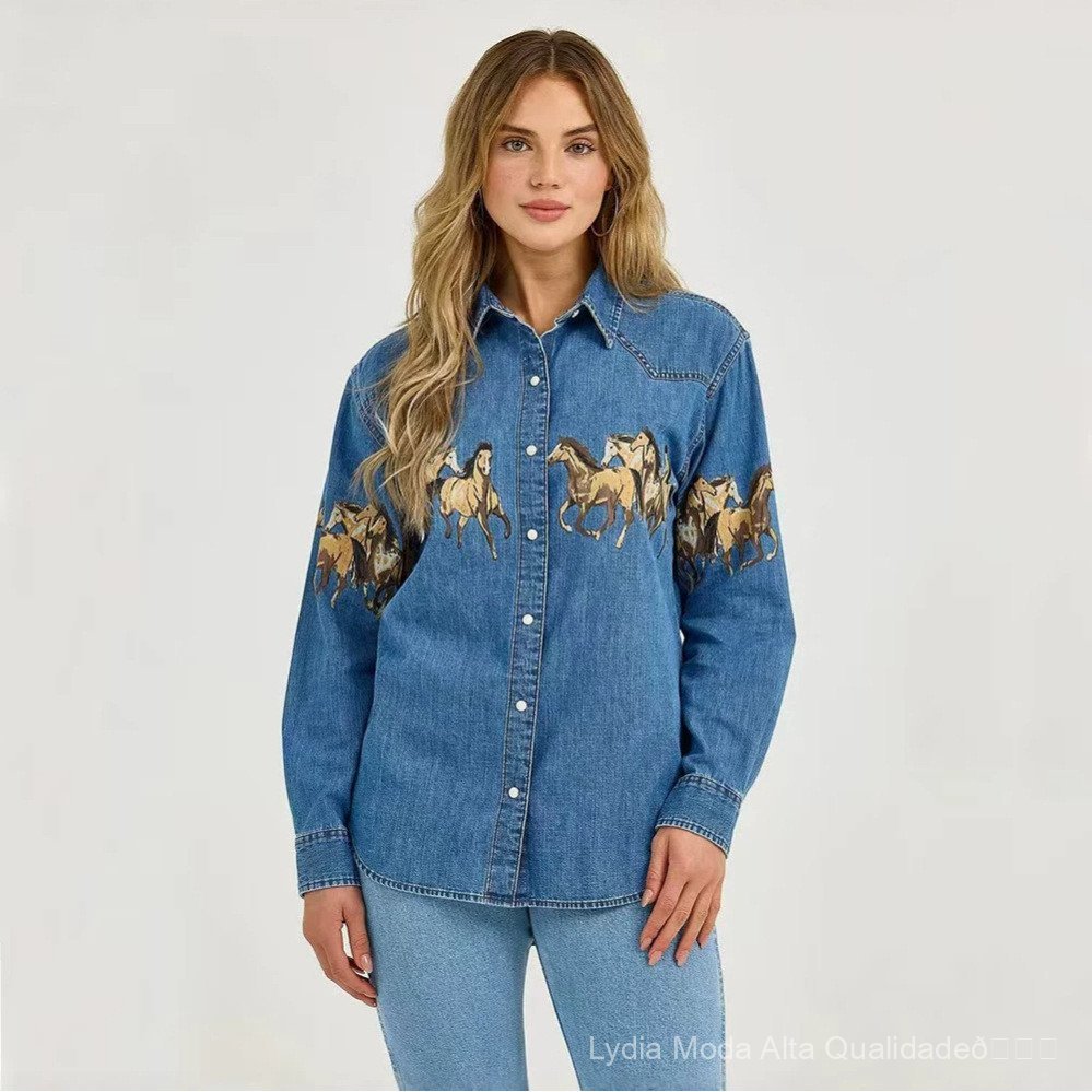 [Liquidação por tempo limitado] Camisa jeans de gola com estampa de cavalo vintage, casaco jeans de manga comprida, moda