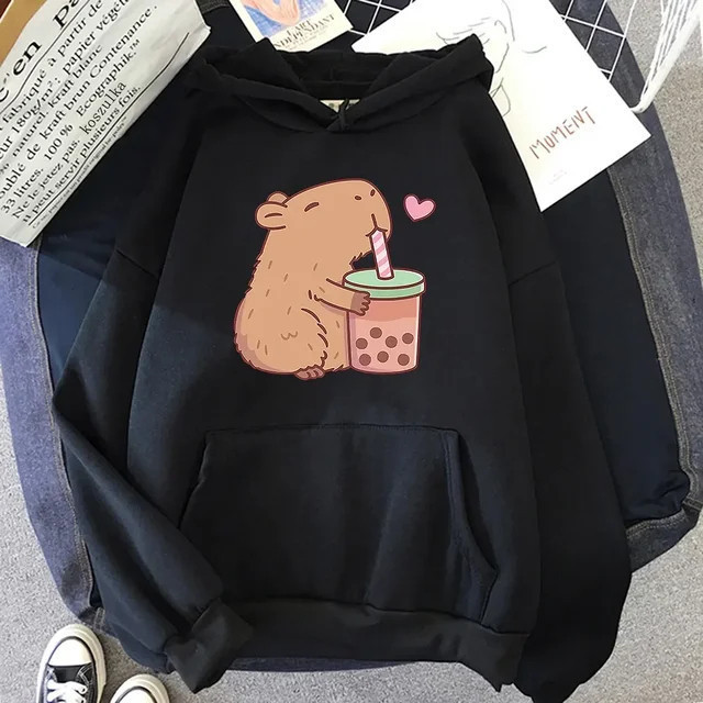 Blusa de Moletom Canguru Com Capuz Tea Capybara Capivara Fofa Copinho Canudo Casaco Flanelado Vintage Envio Imediato