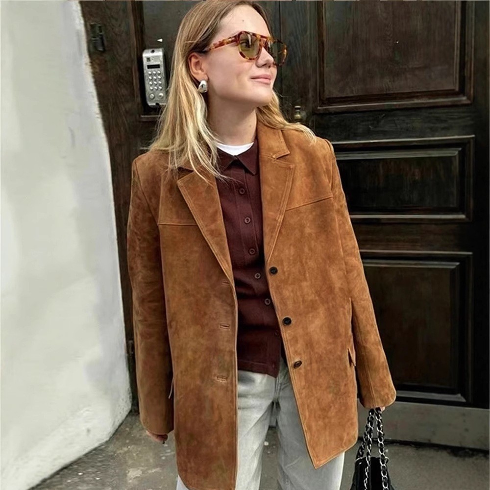Jaqueta de camurça vintage, blazer de corte folgado para mulheres.