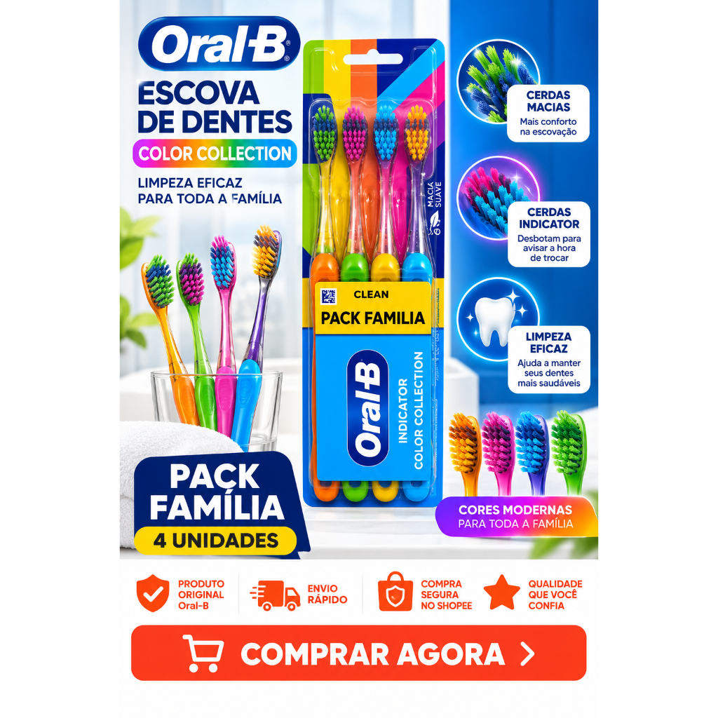 Kit 4 Escovas de Dente Oral-B Indicator Color Collection Cerdas Macias Pack Família