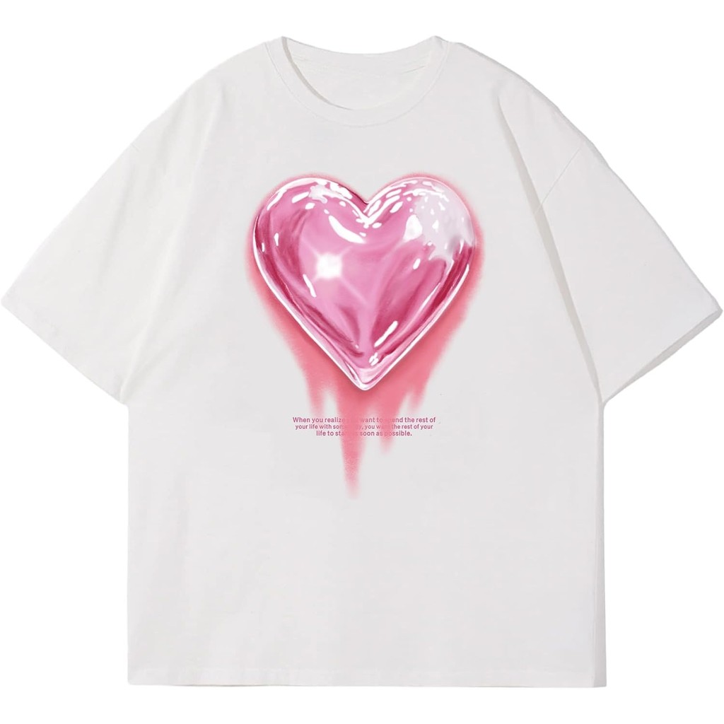 KIEKIECOO Oversized Graphic Tees for Women Cute Shirts for Teens Girls Casual Heart Shirt Men Cotton Tshirts Loose Fit