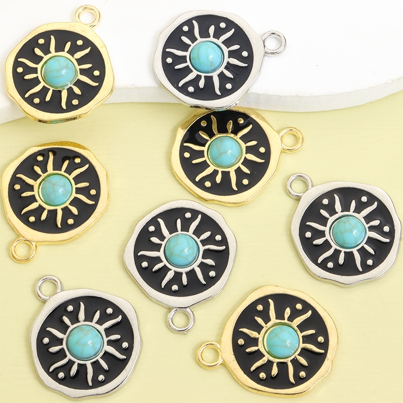 10 Peças Estilo Boho Padrão De Sol Imitação Turquesa Incrustação Irregular Amuletos Redondos , Pingentes De Liga De Óleo