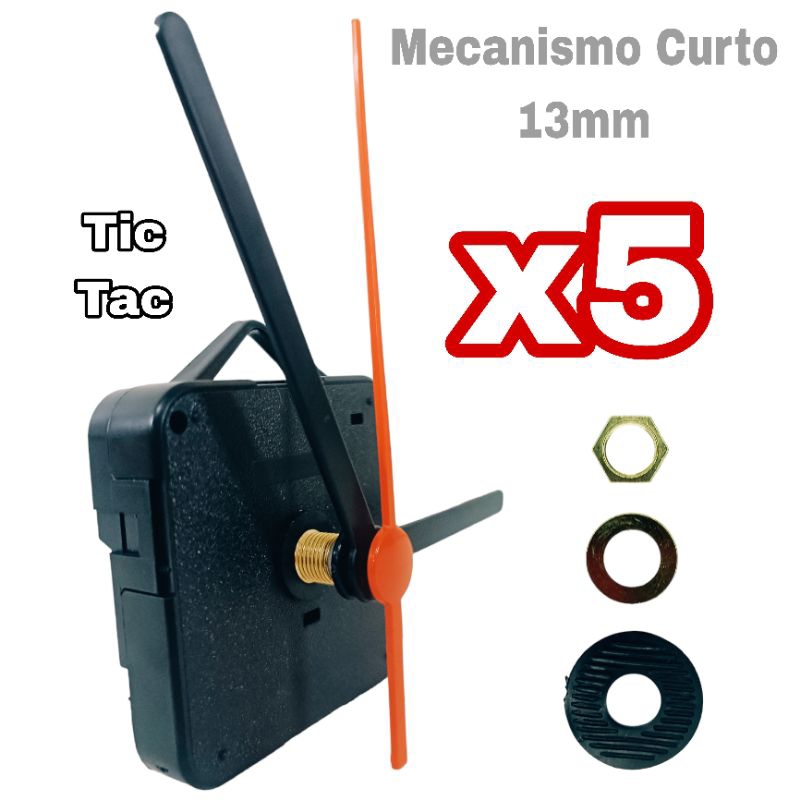 Jogo 5 Mecanismos Para Montar Relógio De Parede Quartz 13mm Eixo Curto + Ponteiros Preto