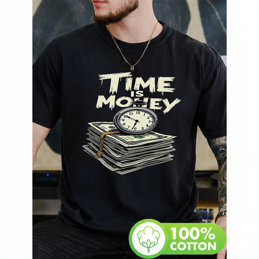 Camiseta Masculina Estampa Relógio e Dinheiro Moderna Atemporal Estilosa Urbano