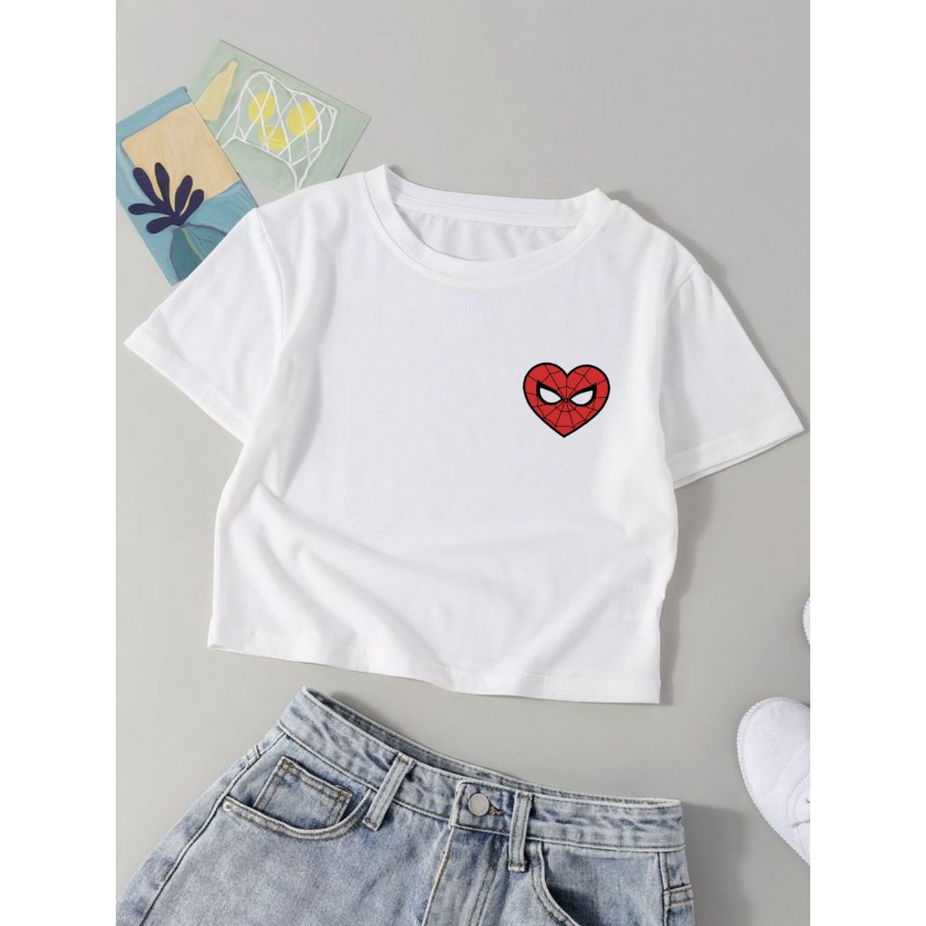 Camisa Cropped Homem Aranha Fofo de Coração Camiseta Curta 100% Algodão Spider Man