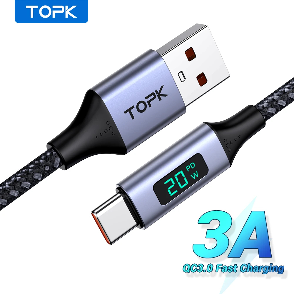 Cabo USB-A x USB-C 3A Quick Charging c/ Display 1m TOPK AN50