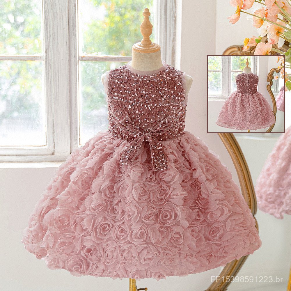 Vestido infantil transfronteiriço vestido de princesa novo estilo meninas lantejoulas rosa costura vestido festa banquet