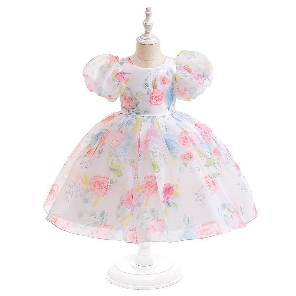Vestido de dança para meninas, manga bufante, estampado, gaze inchada, vestido de princesa, menina, aniversário, banquet
