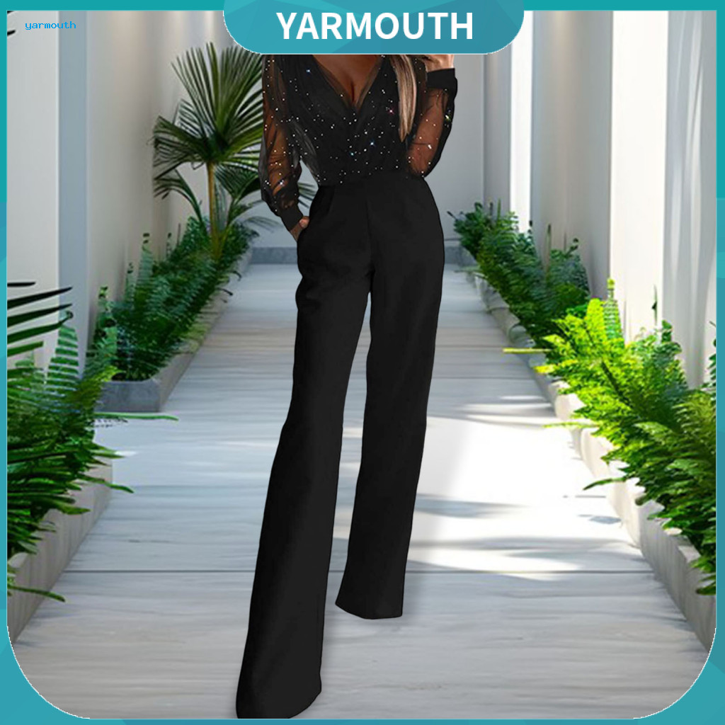 Women V-neck Jumpsuit Women’s See-through Mesh Patchwork High Waist Wide Leg with Pockets V Neck Party Formal Banquet