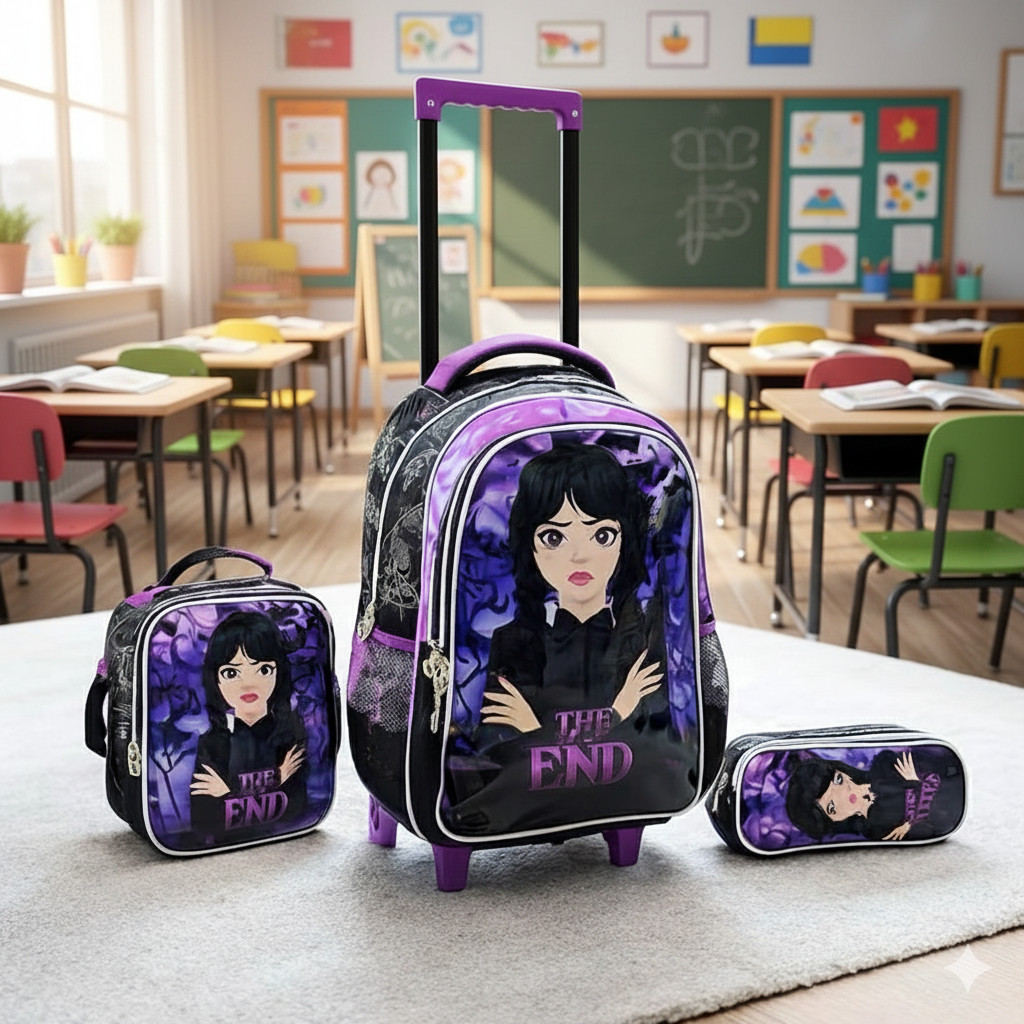 Kit Mochila Escolar de Rodas Infantil Gótica 3 Peças com Lancheira e Estojo The End Volta as Aulas