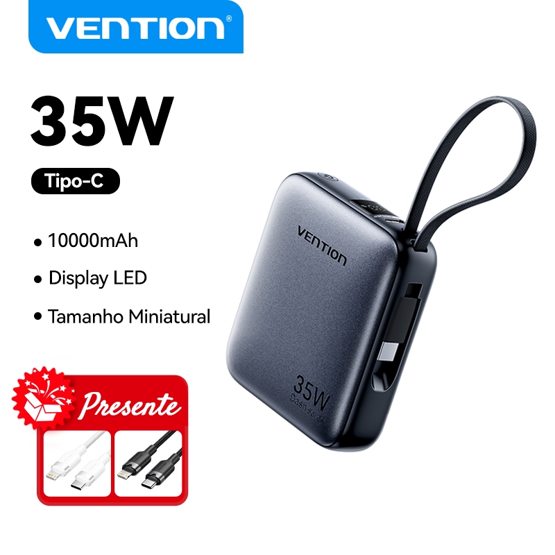 Vention Mini Banco De Potência Portátil 35W 10000 mAh Com Cabo Tipo C Para Xiaomi Samsung