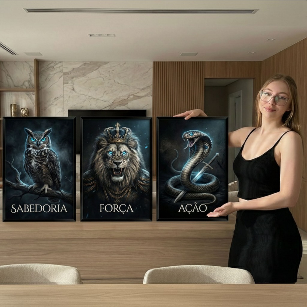 Kit 3 Quadros Decorativos Sabedoria Força Ação Motivacional – Dark Premium
