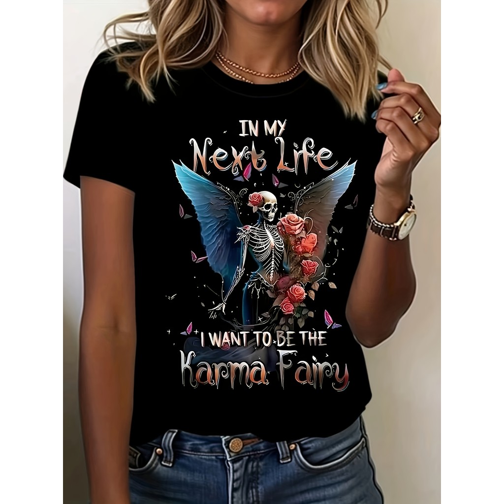 Camiseta Oversized Unissex Preta, Design de Anjo Caveira com 