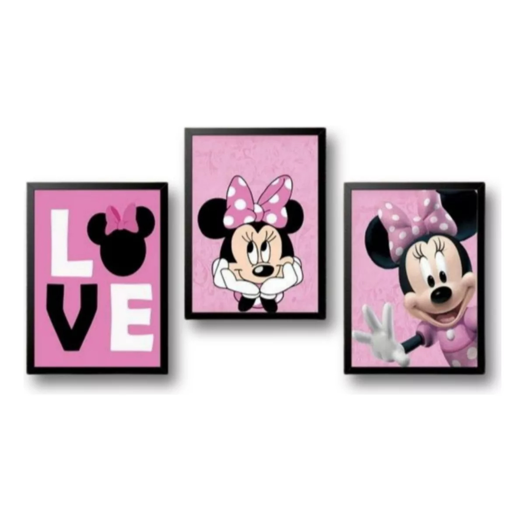 Quadro Decorativo Minnie Mouse Love Rosa Menina 20x30 3 Pçs
