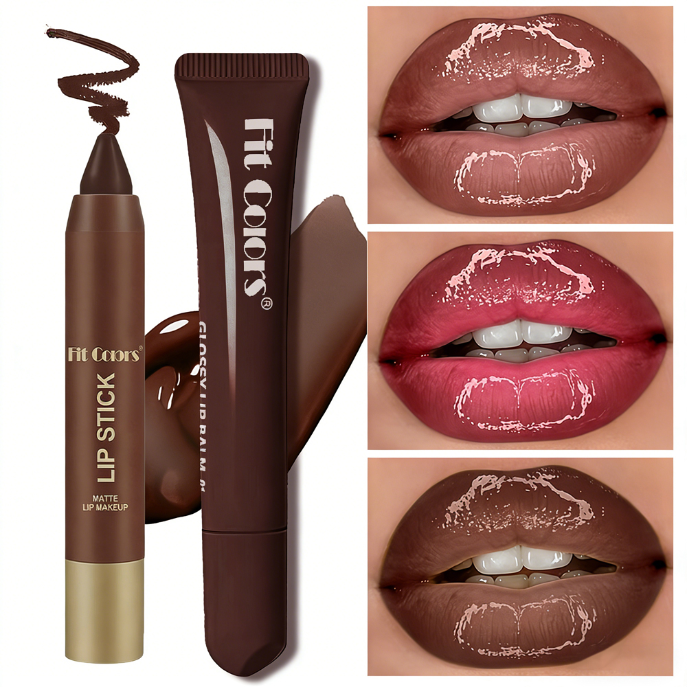 Conjunto De Delineador Labial E Óleo Fit Colors Brown Matte-Kit De Maquiagem Natural Nude Plumping