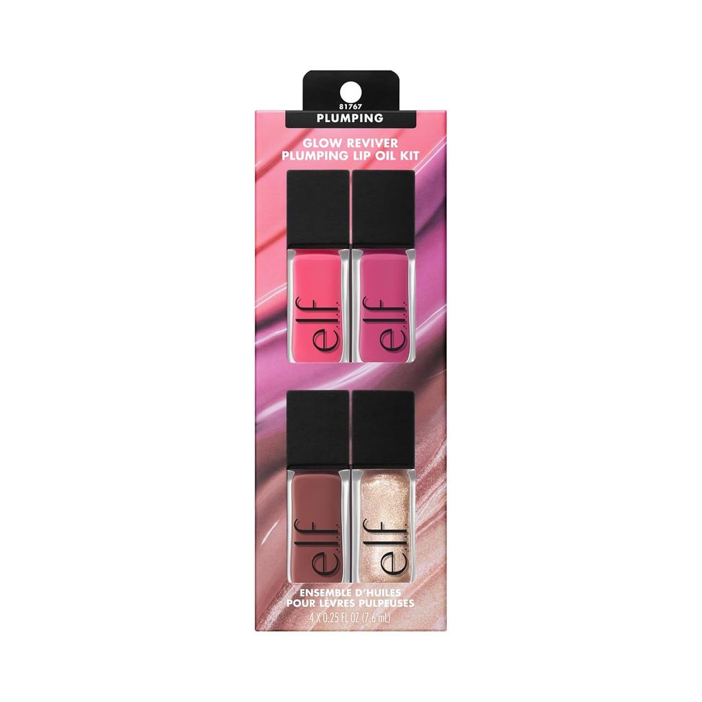 Óleo Labial Volumizador, Glow Reviver Plumping Lip Oil Kit, 4 Unidades, e.l.f. cosmetics