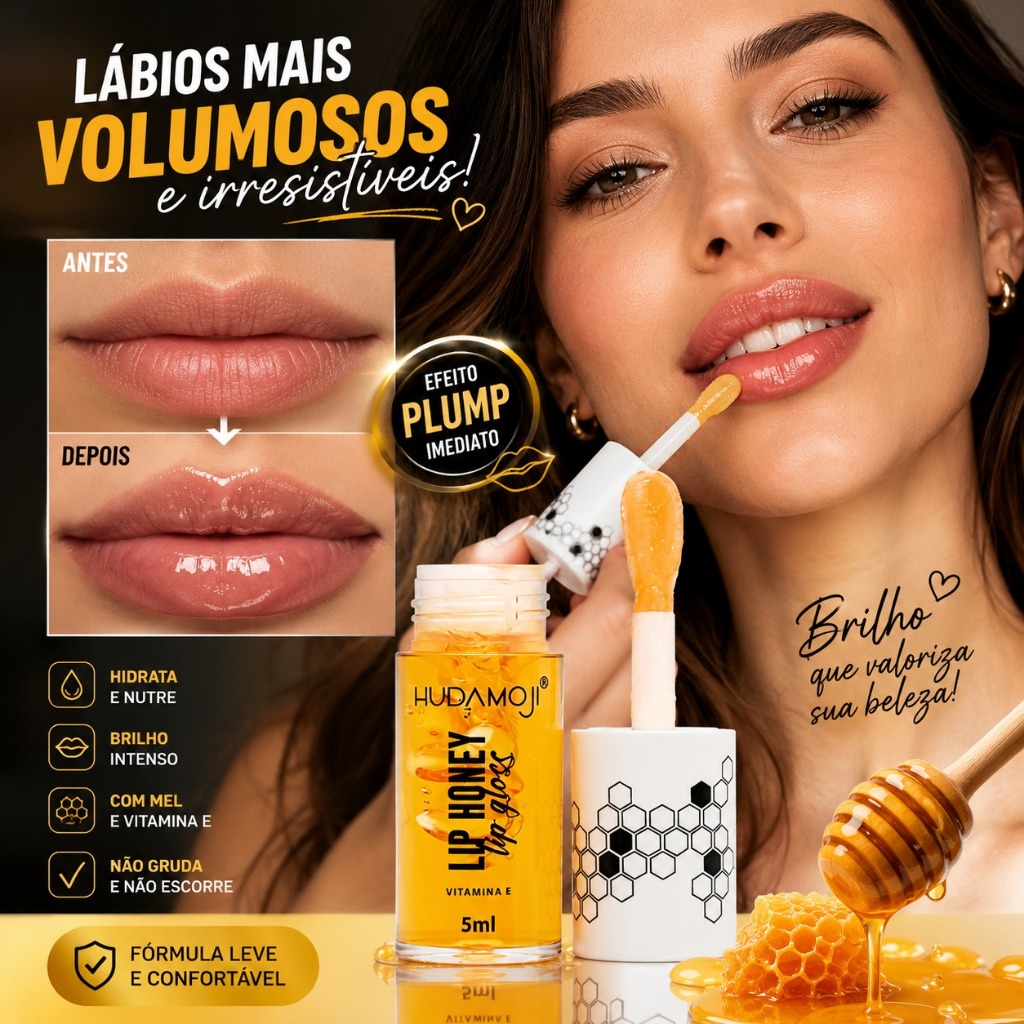 HUDA MOJI Lip Honey 5ml-Óleo Labial Com Mel Infusão De Vitamina E , Acabamento Hidratante De Vidro Plumping , Não Pegajo