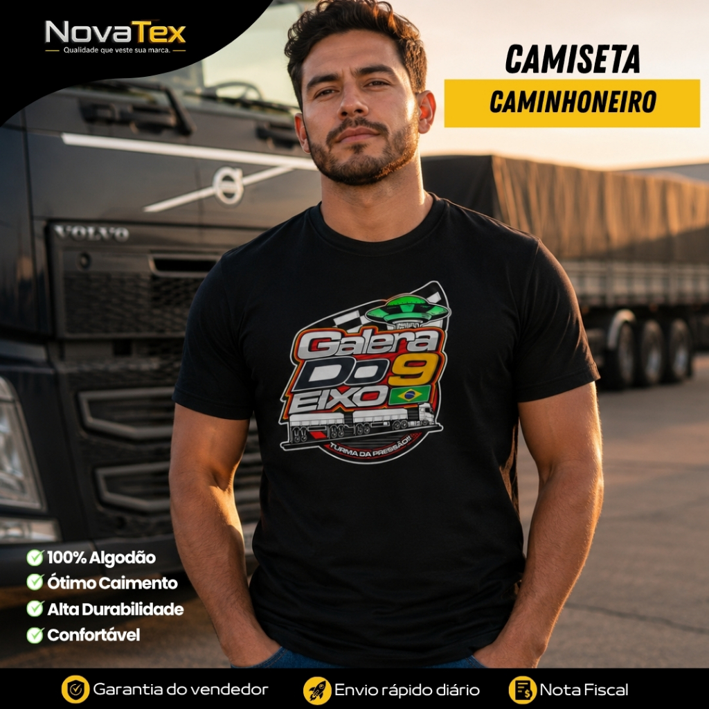 Camisa Caminhoneiro Galera do 9 Eixo Preta Masculina Algodão Estampa Truck Pesado
