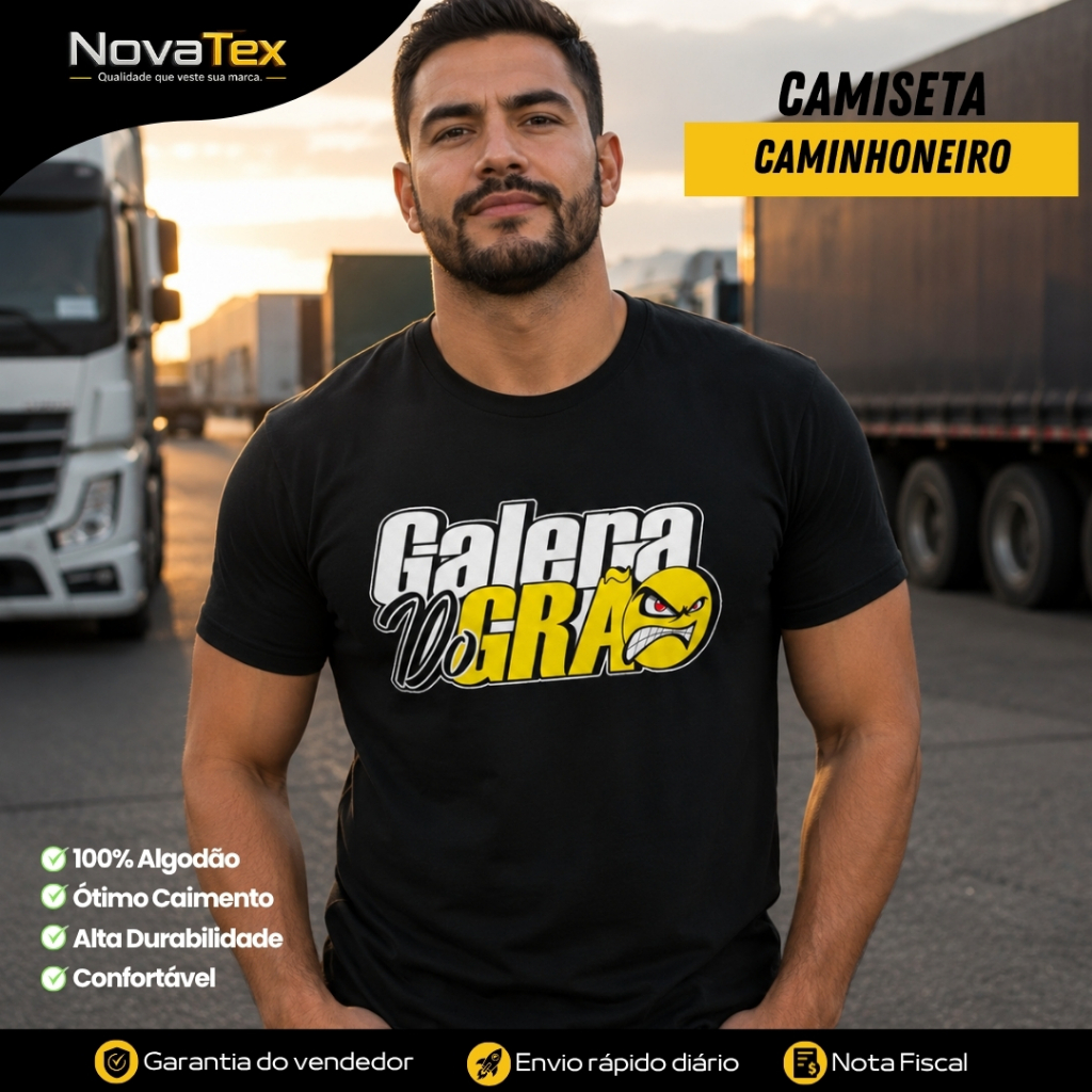 Camisa Caminhoneiro Galera do Grão Preta Masculina Algodão Estampa Truck