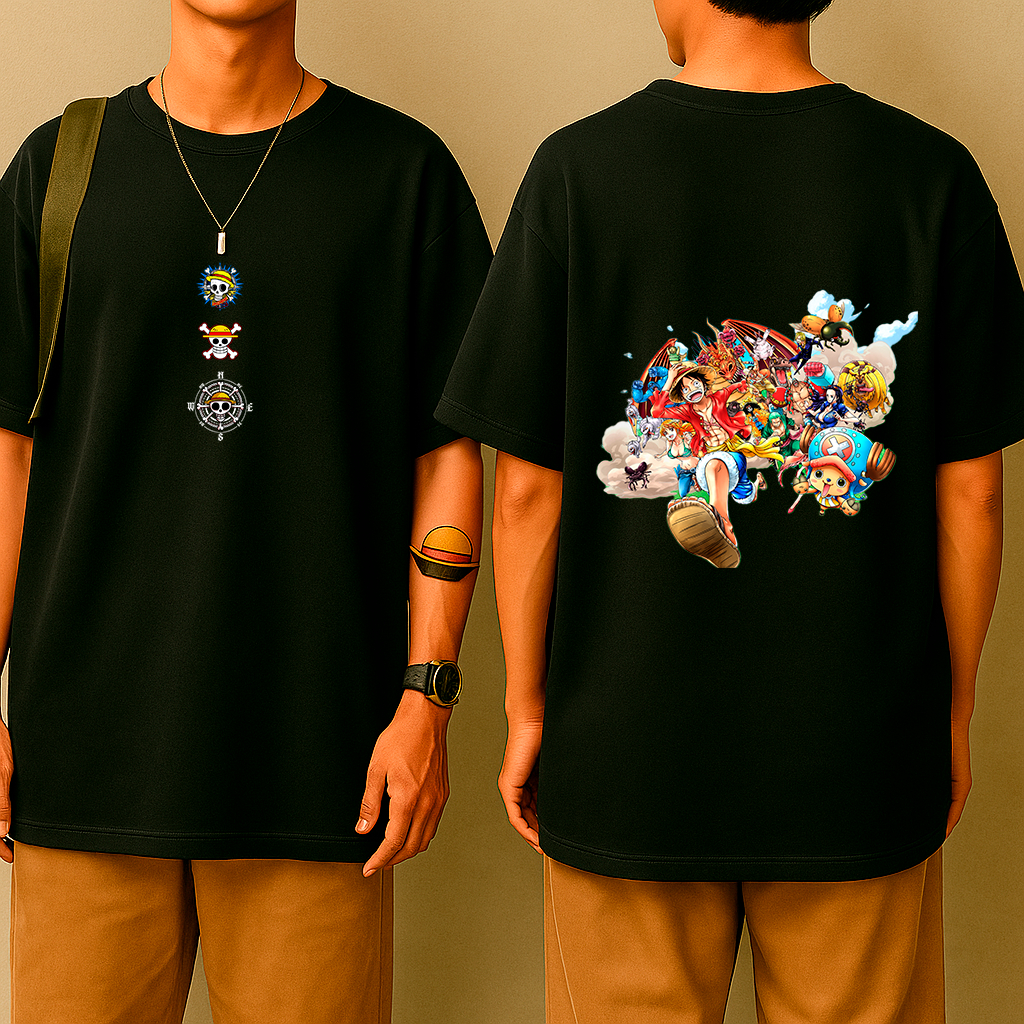 Camiseta Oversized One Tripulação – Estampa Anime Colorida, Estilo Geek Otaku, Moda Streetwear, Pirata