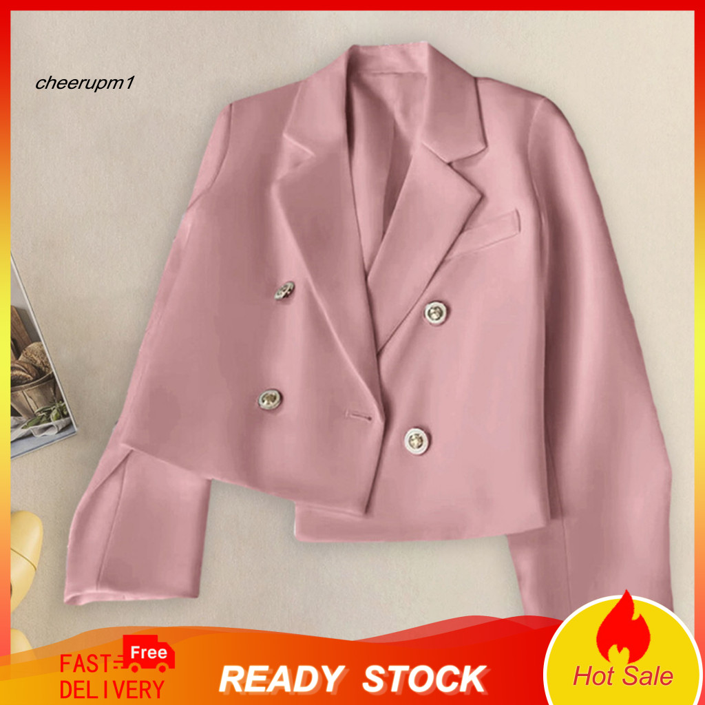 Women Lapel Cropped Blazer Solid Color Autumn Women’s Slim Fit Jacket Double Breasted Long Sleeve Suit Coat Stylish St