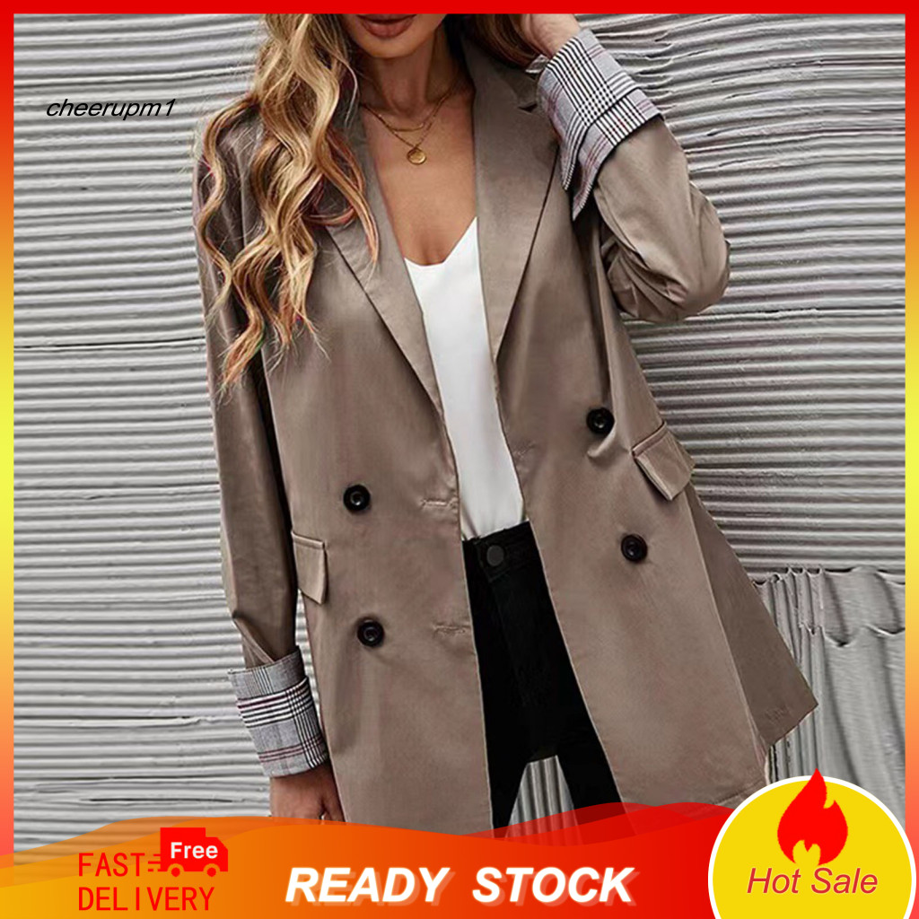 Women Suit Jacket Coat Women’s Business Double Breasted Blazer with Lapel Collar Striped Cuffs Flap Pockets Long Sleev