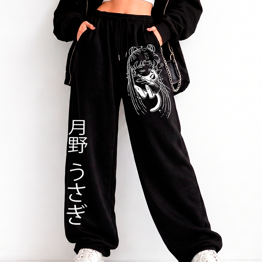 Calça Wide Leg Unissex Moletom Pantalona Larga Streetwear Sailor Moon Anime Y2K Geek Manga Cartoon