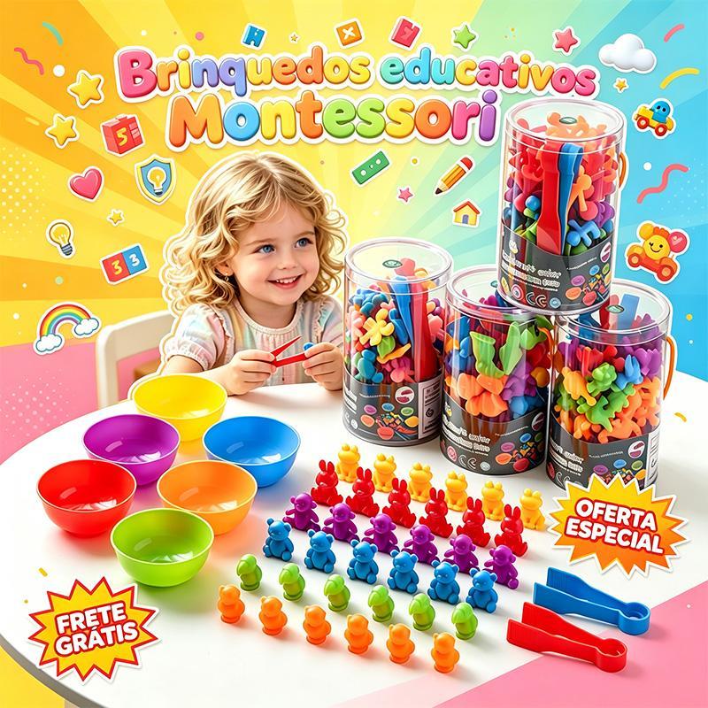 Montessori Kit 48 Pieces 4 Themes: Dinosaurs, Africa, Ocean or Transportation - Tongs + 6 Bowls, INMETRO, Educational 3+