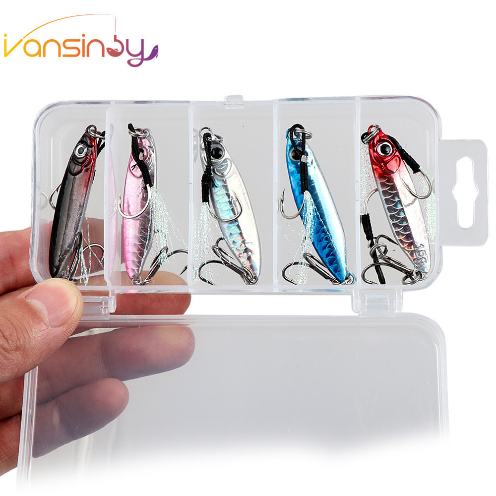 5 Pçs Caixa Isca De Pesca 7g/10g/15g/20g Metal Gabarito Gancho Spinner Laser Jigging Colher