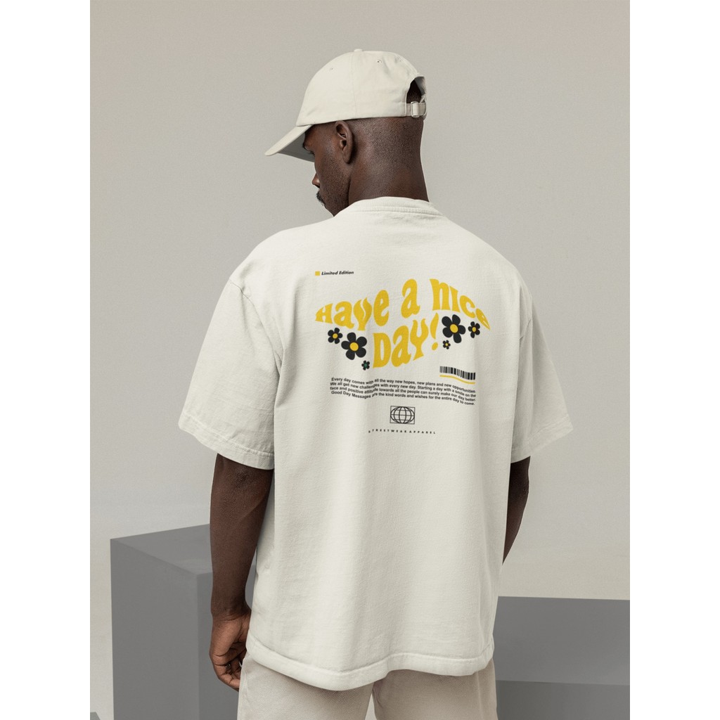 Camisa Camiseta Oversized Gola Alta Streetwear Masculino e Feminino 100% Algodão Preto e Off Whte - HAVE A NICE DAY