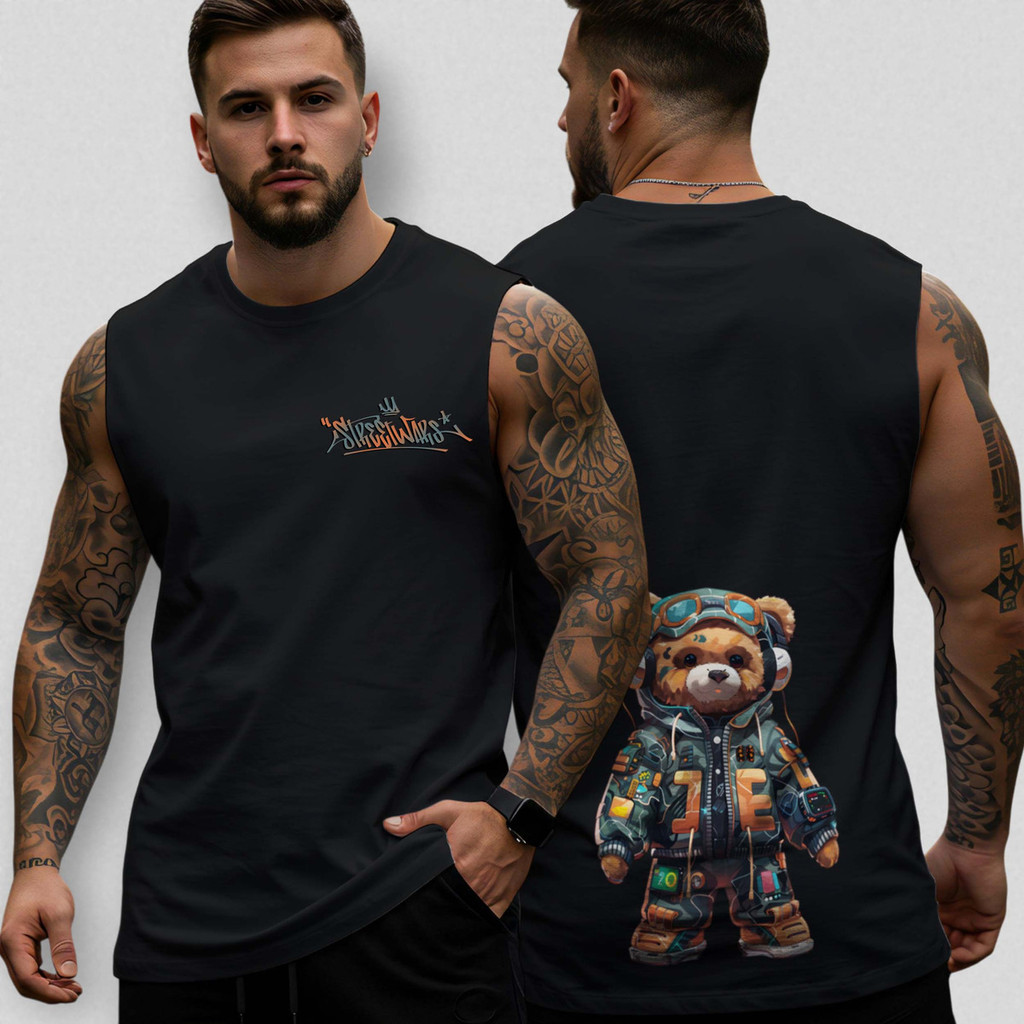 Camiseta Regata Oversized Masculina Urso Street 103 Algodão Premium Estilo Academia Casual Treino