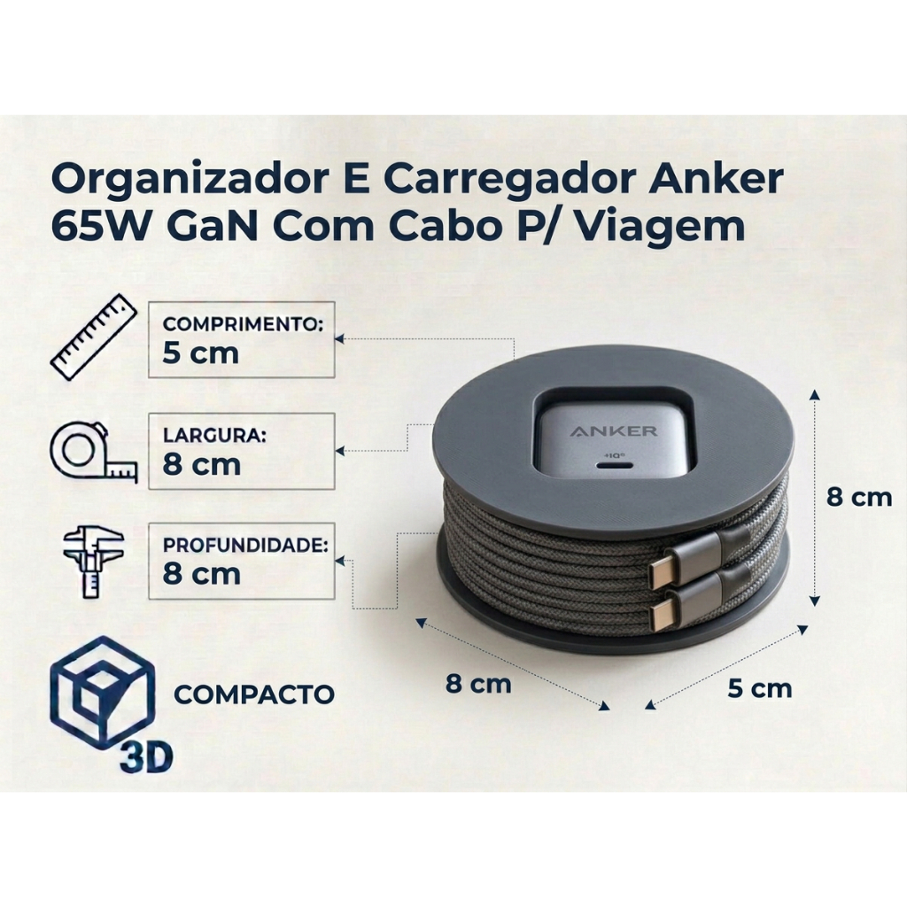 Organizador E Carregador Anker 65W GaN Com Cabo P/ Viagem