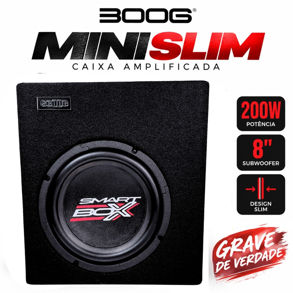CAIXA AMPLIFICADA BOOG MINI SLIM 200W RMS SUBWOOFER 8 POLEGADAS SOM AUTOMOTIVO
