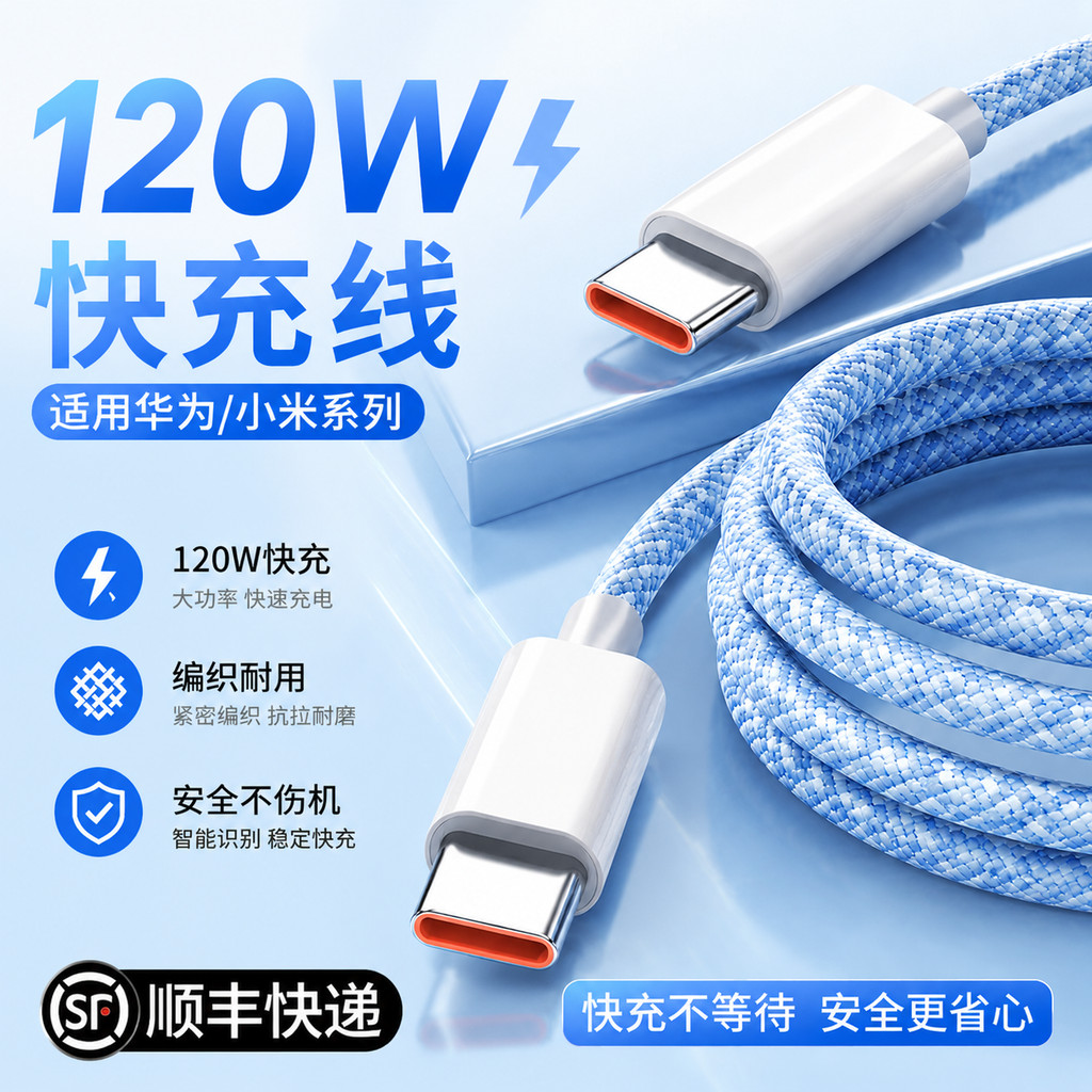 Cabo de dados 120WTypec 6A Carga rápida Super Flash Charge typc Adequado para Huawei Honor Apple 15 Xiaomi vivo Cabo car