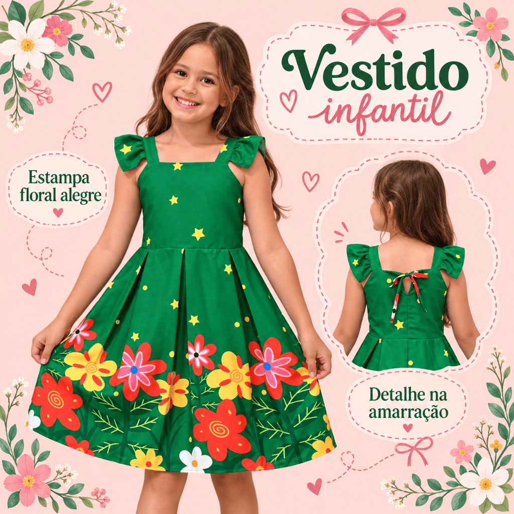 Vestido Infantil Menina Estampado Princesa Alegre Confortável para Festa e Passeio Moda Infantil Verão Casual Elegante