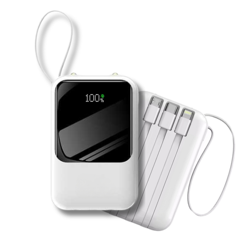 Carregador Portátil Mini Com Cabo Embutido e Lanterna 10000 mAH Power Bank