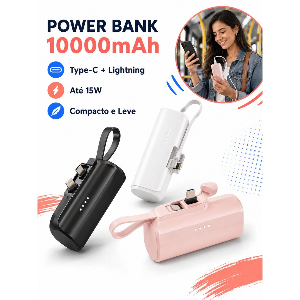 Mini Power Bank A9 10000mAh 15W com Conectores USB-C e Lightning para Celular