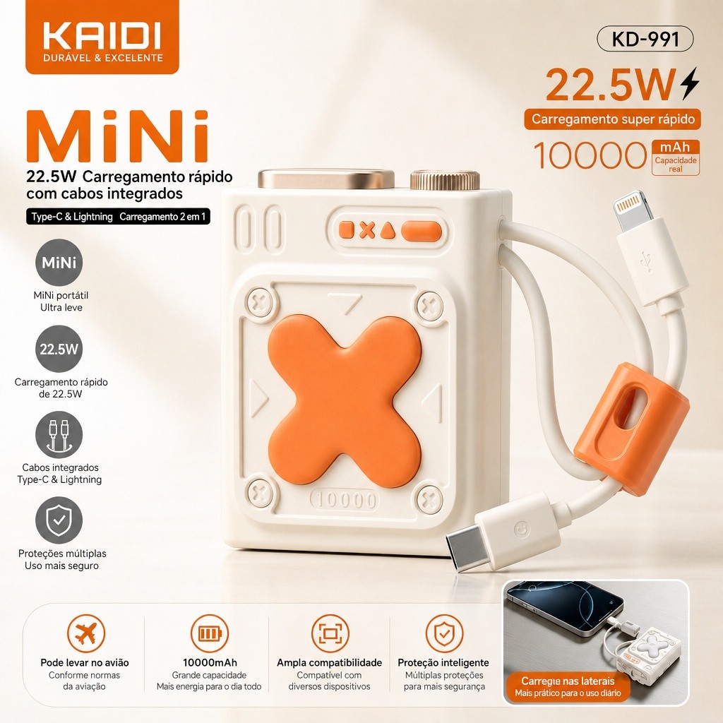 Carregador Portátil KAIDI Mini 10000mAh 22.5W Turbo Tipo-C + Lightning KD-991 ANATEL