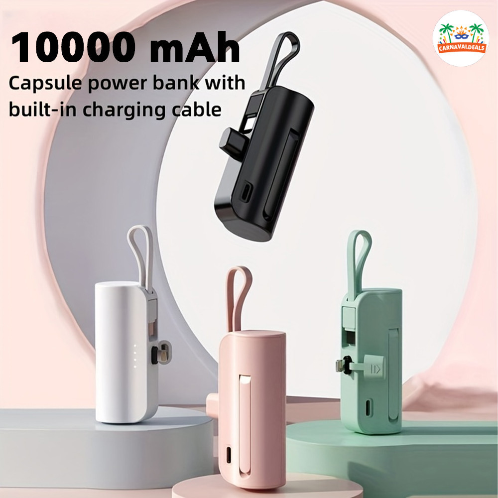 Power Bank Mini 10000mAh para Viagens: Recarga Sem Fio e Cabo (iPhone e Tipo-C) 2em1